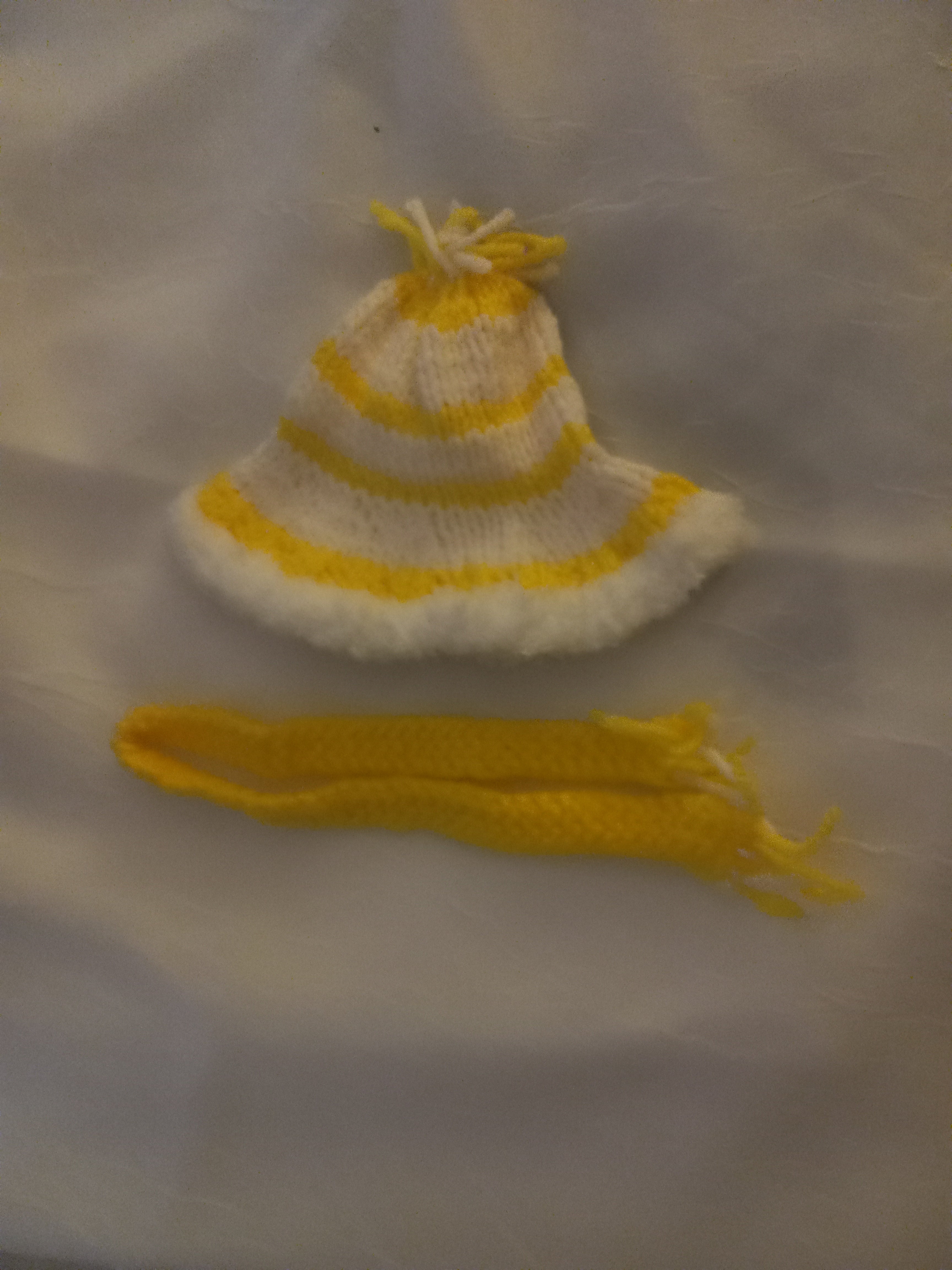 H 319  Knit Hat and Scarf Set for Dolls and Bears - Yellow and White