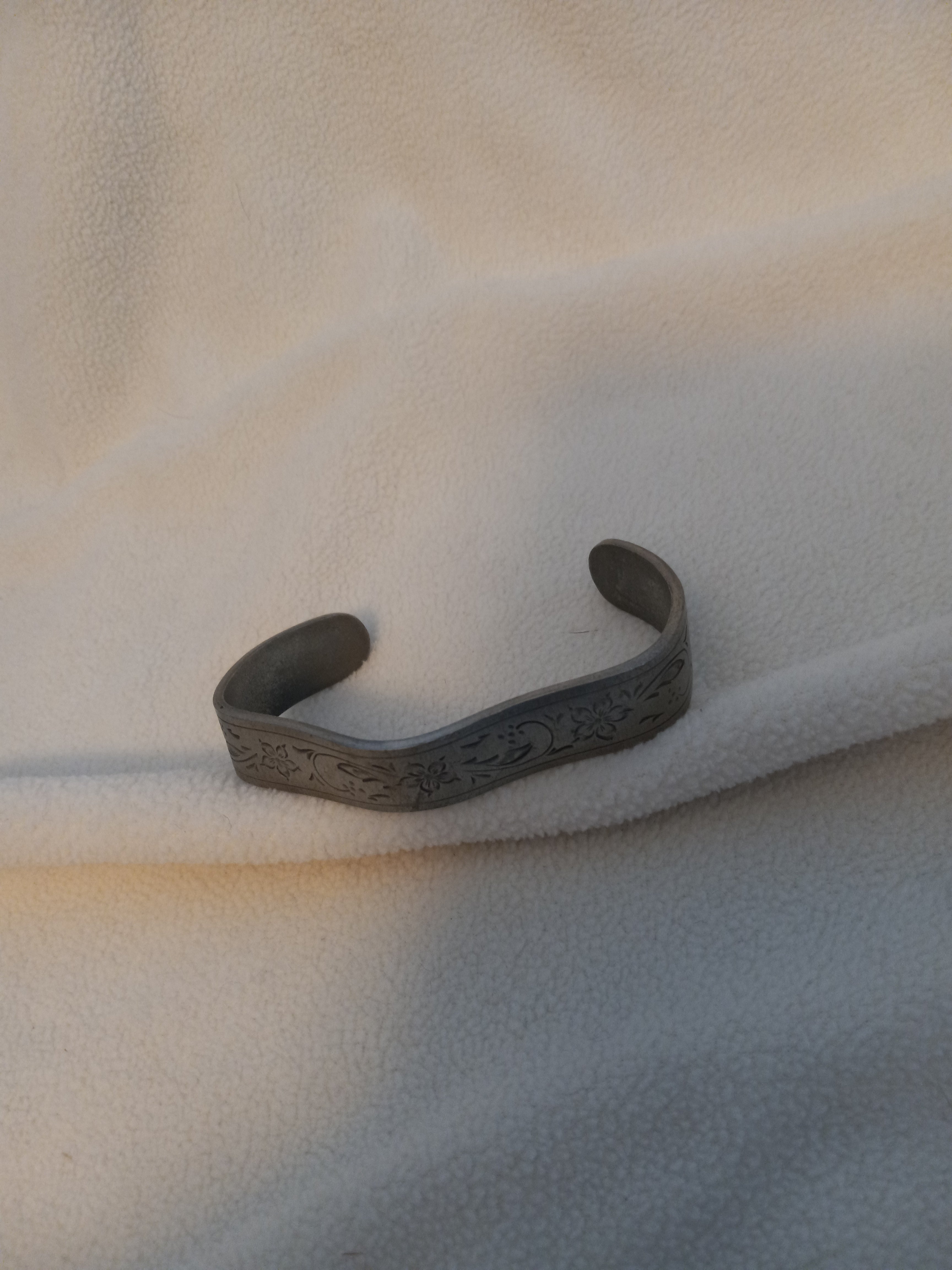 J 61  Pewter Cuff Bracelet Engraved with a Floral Design
