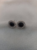 J 182  Silver Stud Earrings with Black Bead Surrounded by Crystals