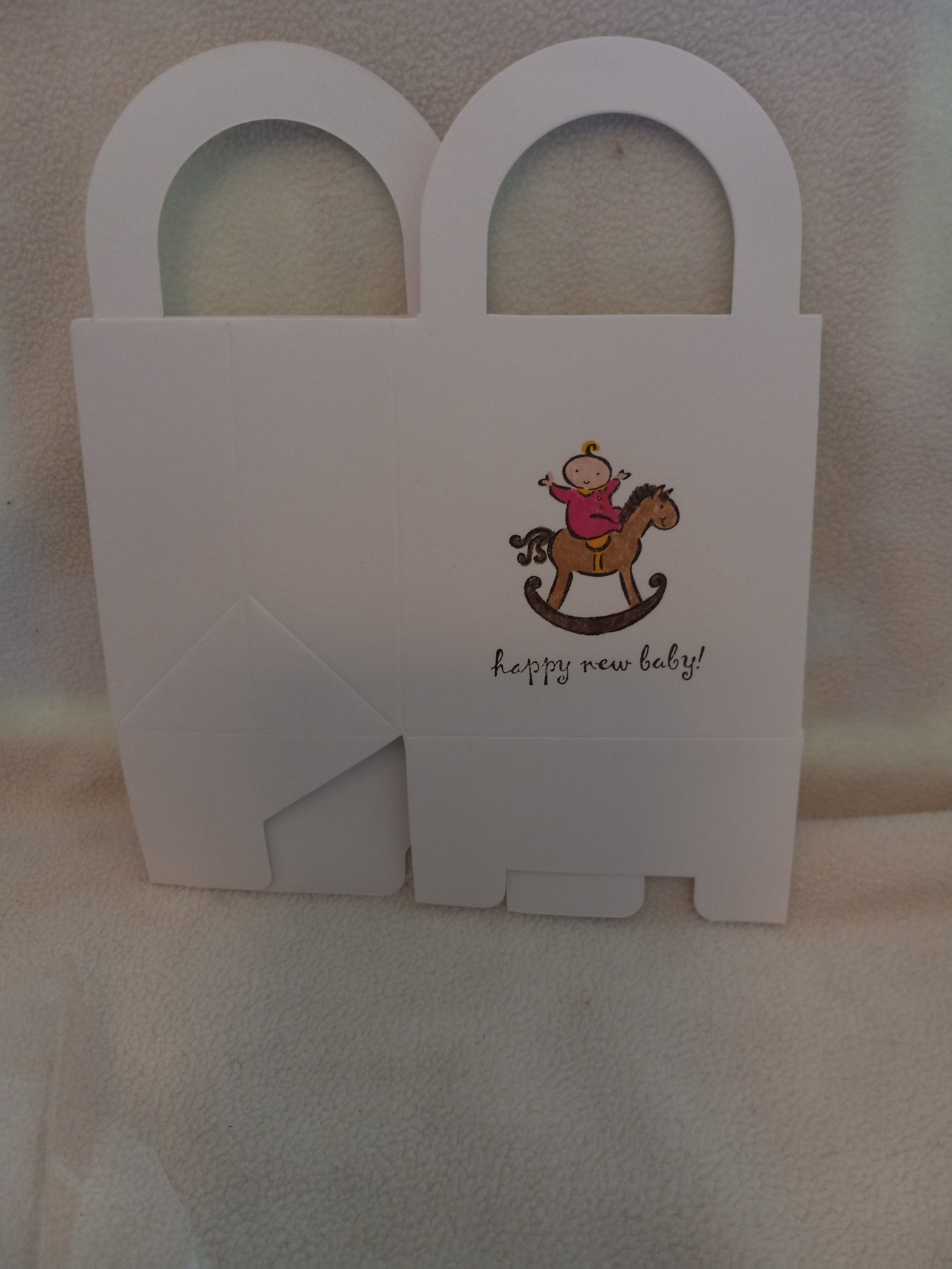 3 inch x 3 inch Treat Box - Baby girl on a Brown Rocking Horse