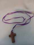 J 255 Handcrafted Wood Cross with Purple Ribbon
