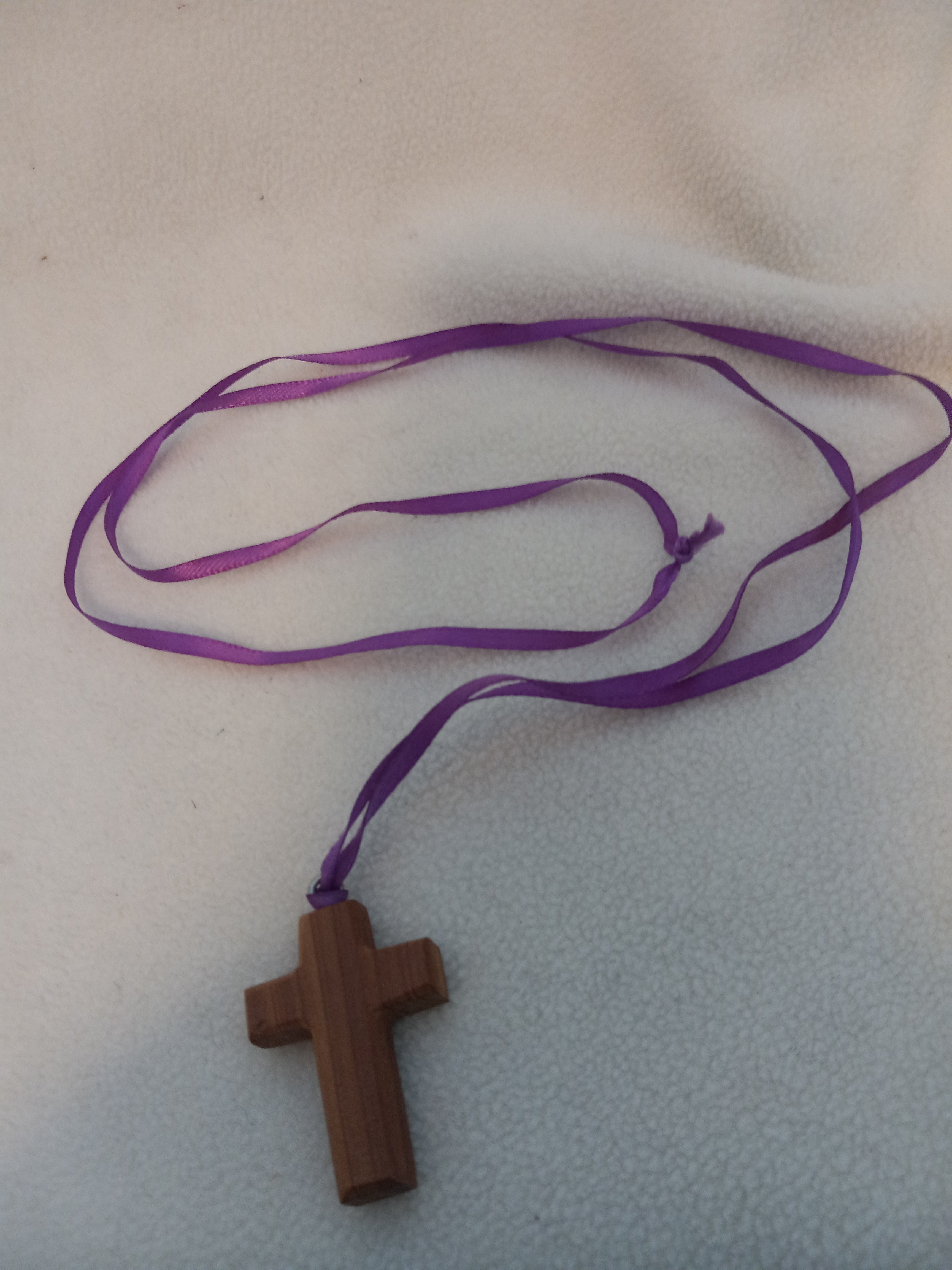J 255 Handcrafted Wood Cross with Purple Ribbon