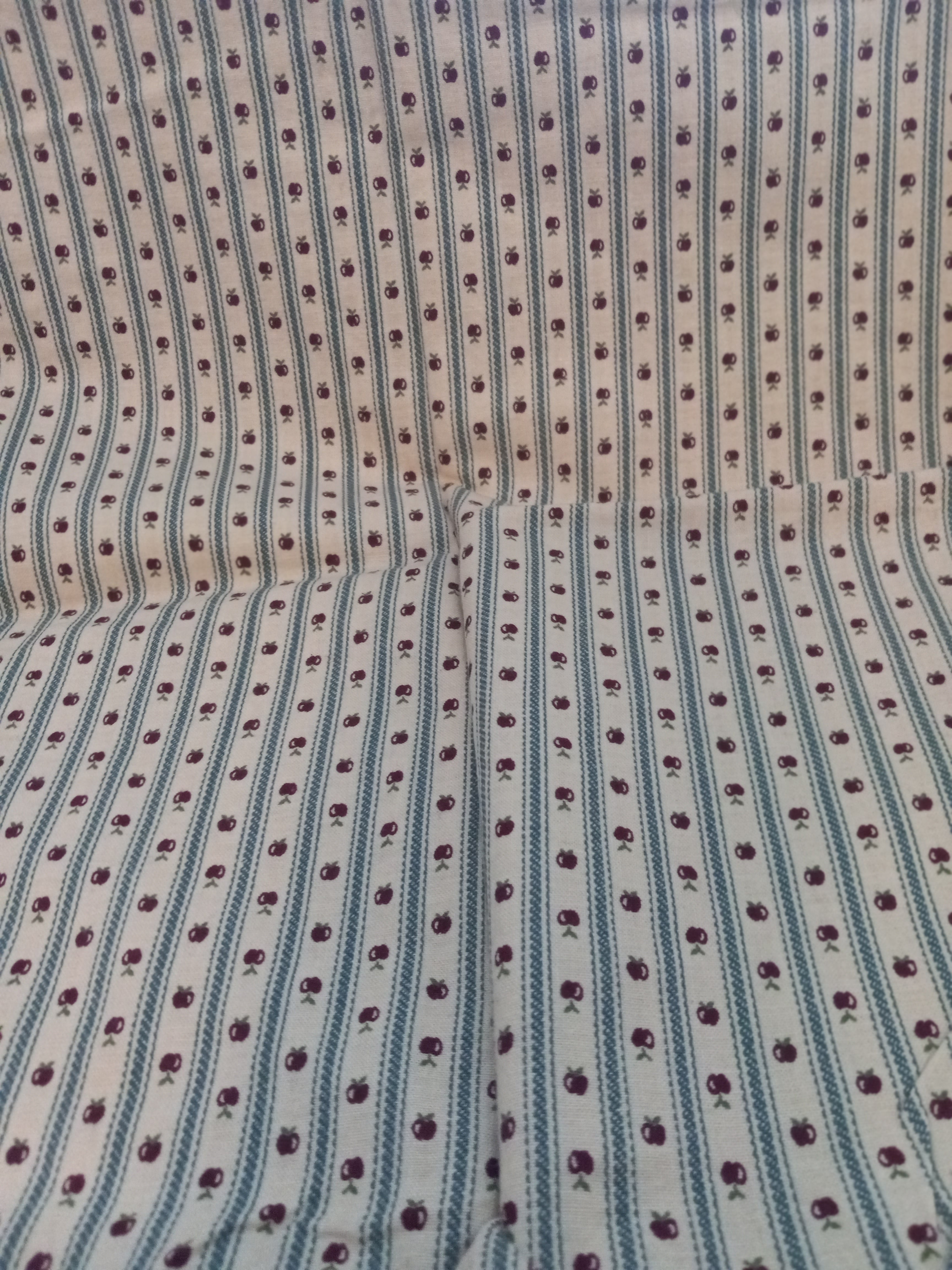 F236  Cream Color Fabric with Green Linen Stripe and Apples