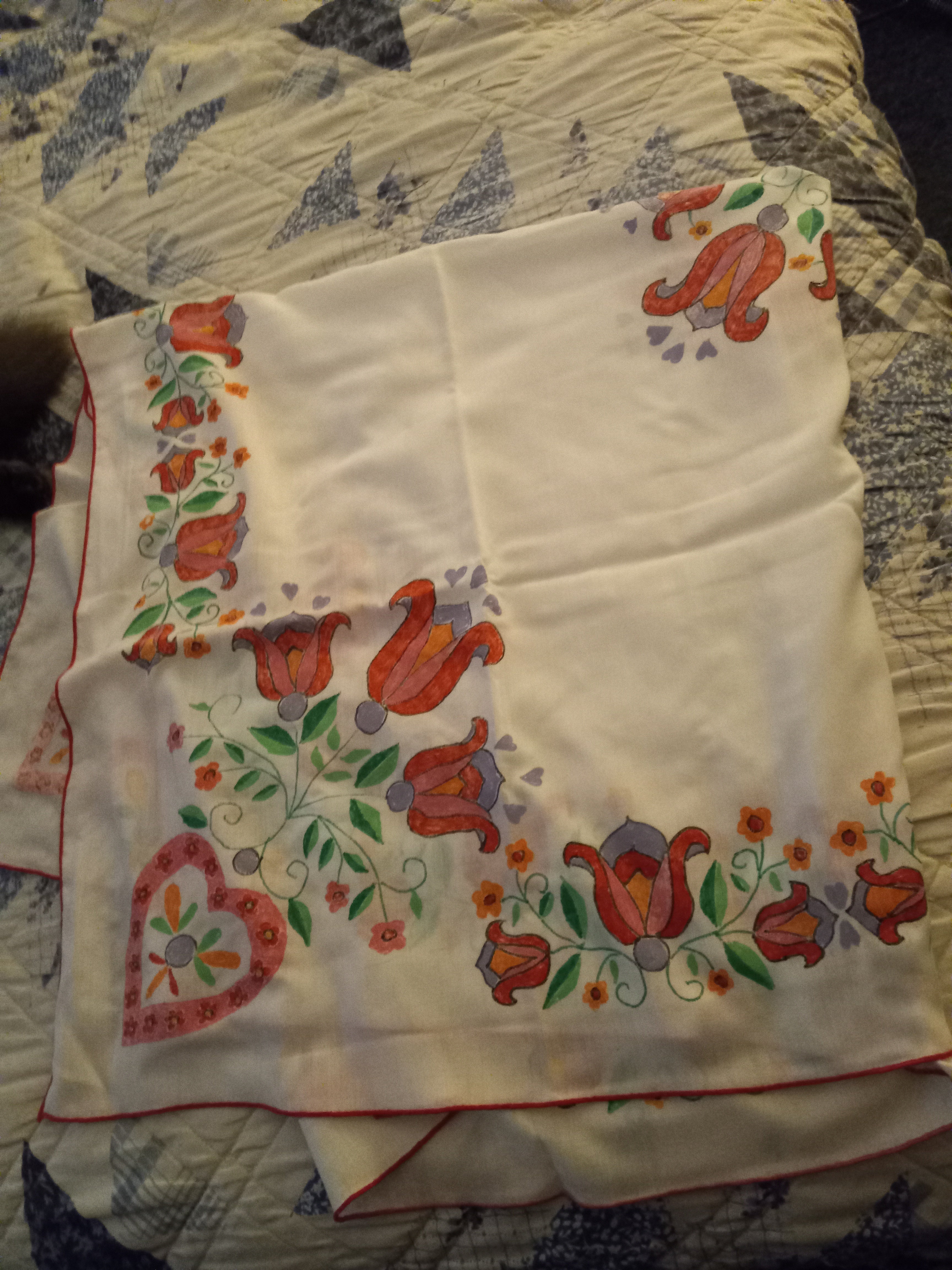 Vintage Linen - Painted Table Cloth with Hearts and Flowers - 39 inches x 39 inches