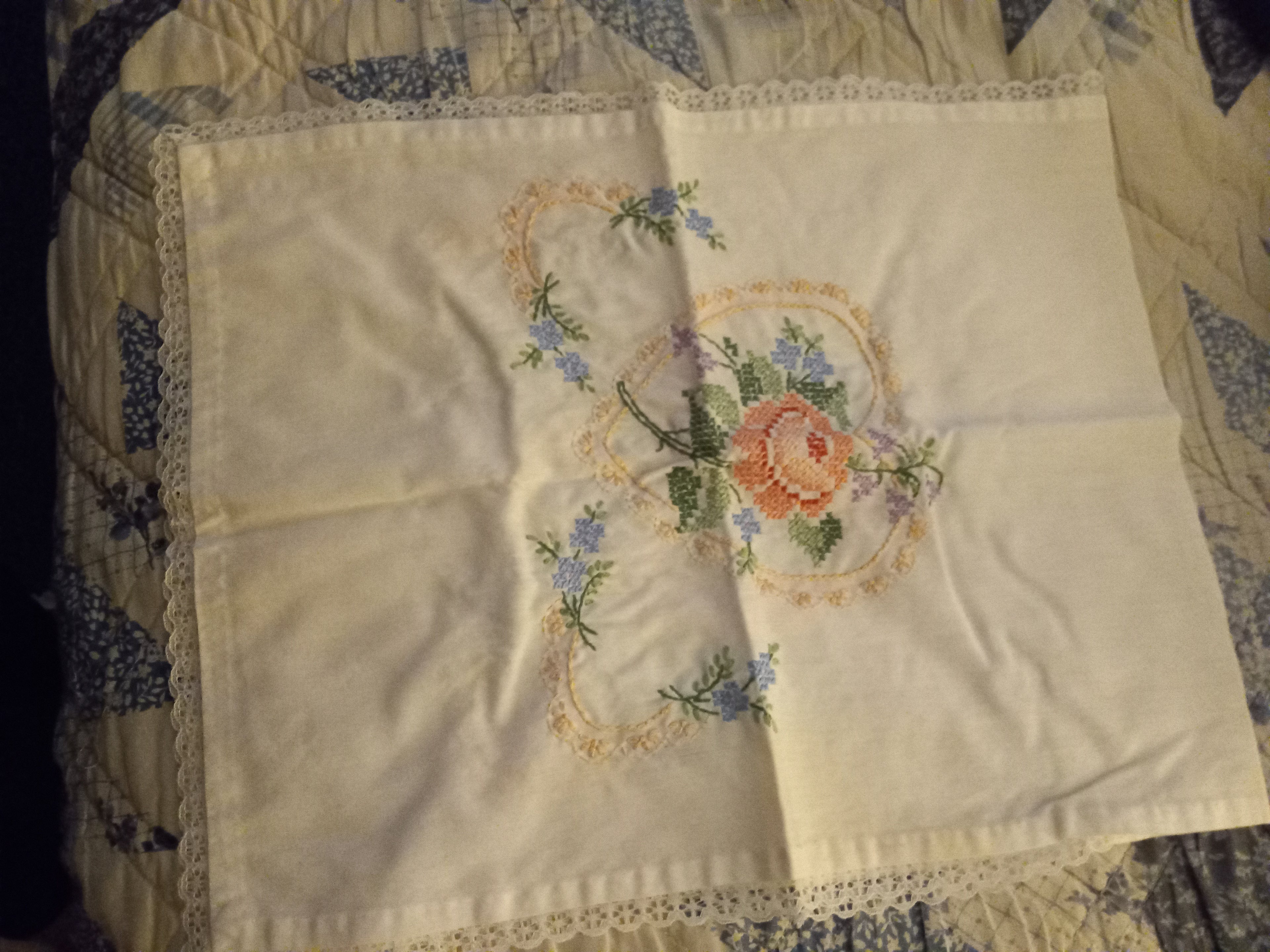 Vintage Linen - Hand Embroidered 36 inch x 15 inch Bureau Scarf / Doily