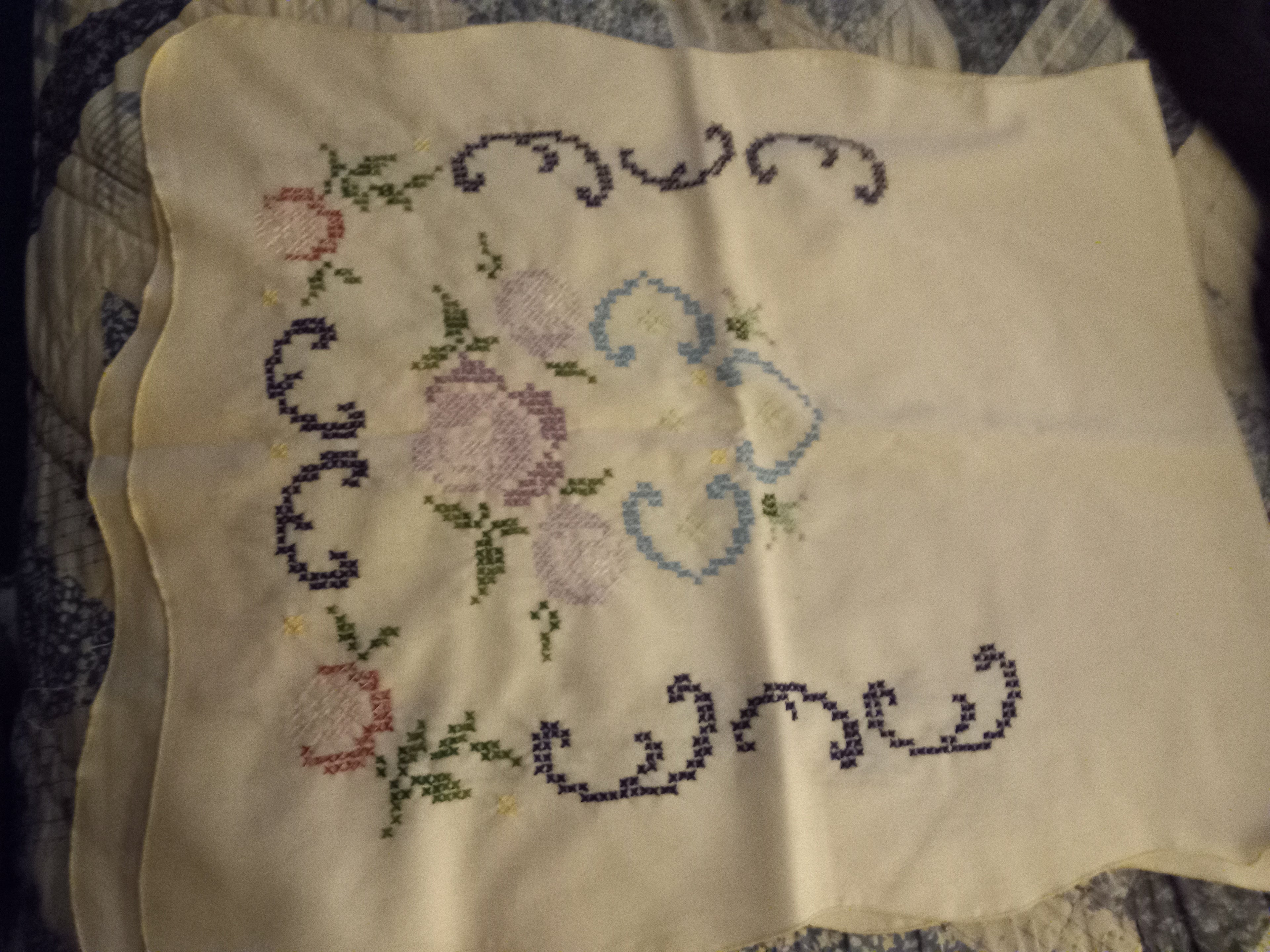 Vintage Linen - Hand Embroidered Bureau Scarf 42 inches x 17 inches