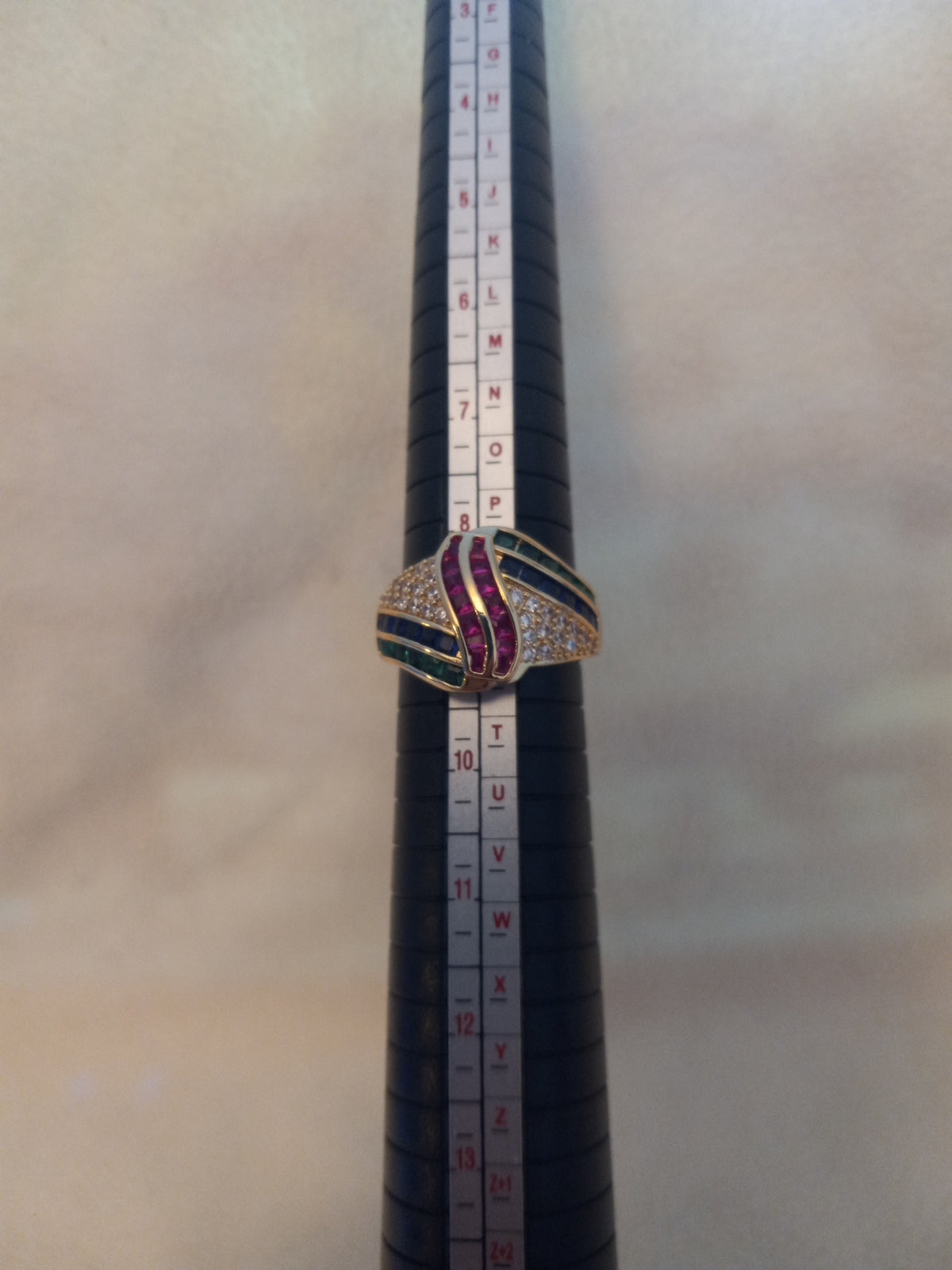 Gold Ring with Red, Blue and Clear Crystals - Size 9