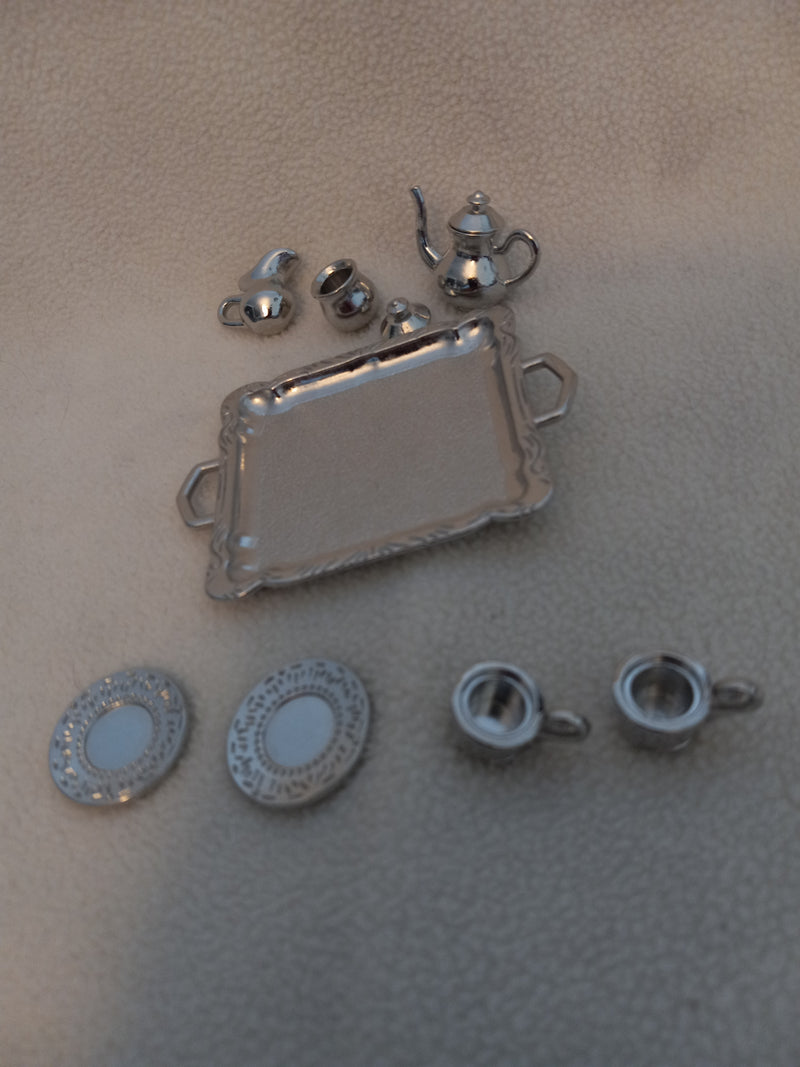 Dollhouse Miniatures Aluminum "Silver" Tea Set for 2 - 1/12th Scale